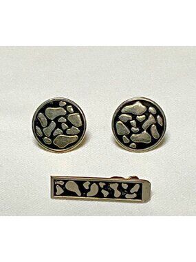 Swank Silver Tone Round Cufflinks & Tie Clip Bar Raised Design Modernist Modern